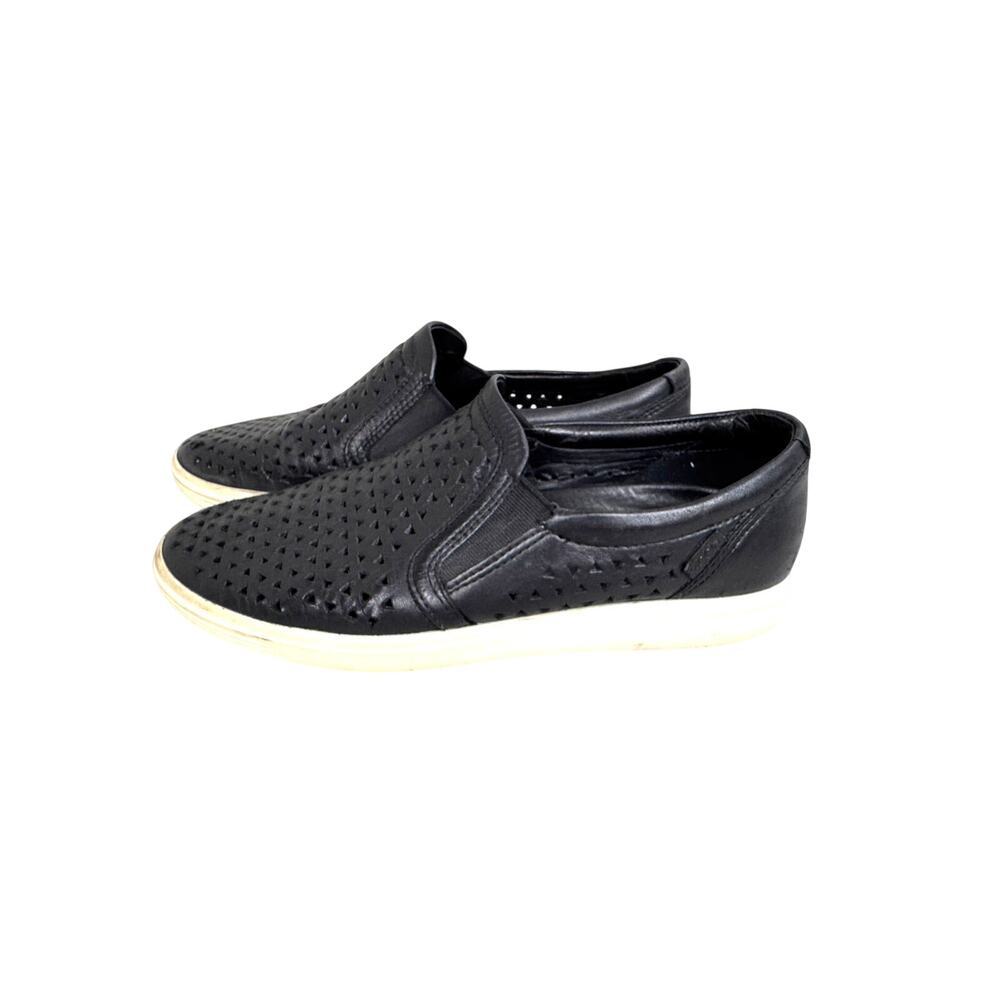 Ecco Soft laser cut black leather slip on sneakers comfy walking Sz 8